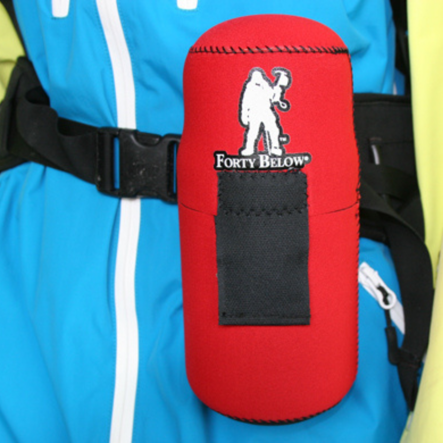 red Forty Below 1 L Insulated Bottle Cover on hip belt front view