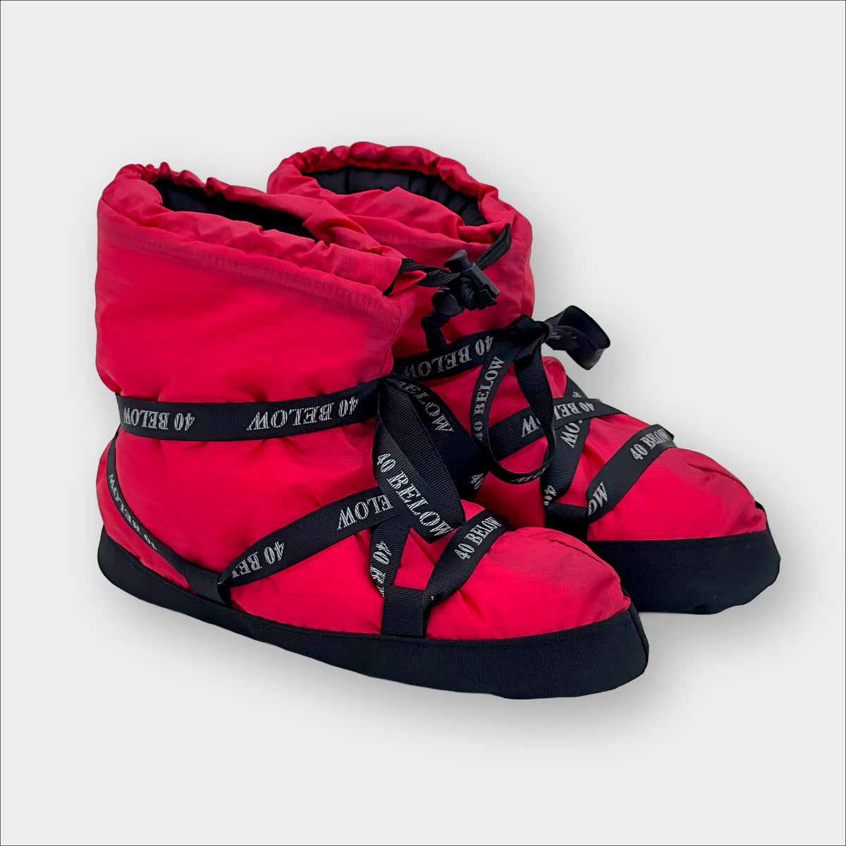 Forty Below Insulated Camp Bootie Side Thumbnail red with black ribbon lacing on a grey background