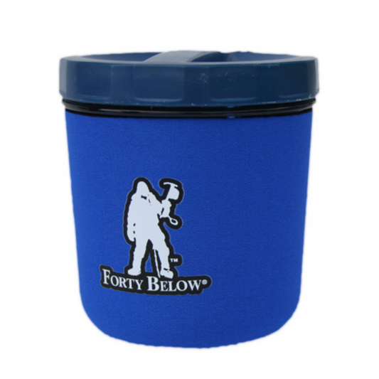 Insulated Forty Below mug boot blue with white logo on a the GSI Fairshare Mug white background