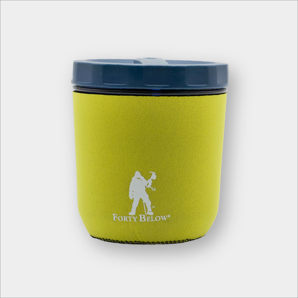 Insulated Forty Below mug boot yellow with white logo on a the GSI Fairshare Mug on a gray background
