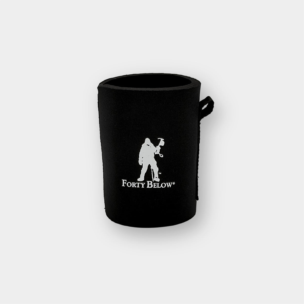 Forty Below Can Covers 12 oz black with white forty below logos on a white background