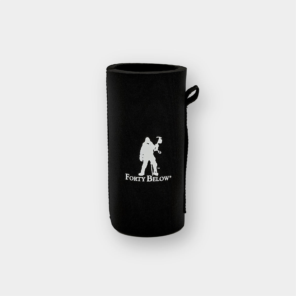 Forty Below Can Covers 12 oz tall black with white forty below logos on a white background