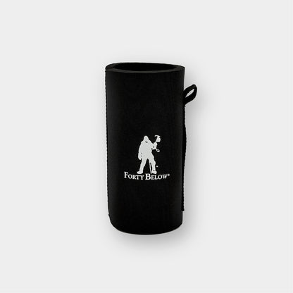 Forty Below Can Covers 12 oz tall black with white forty below logos on a white background