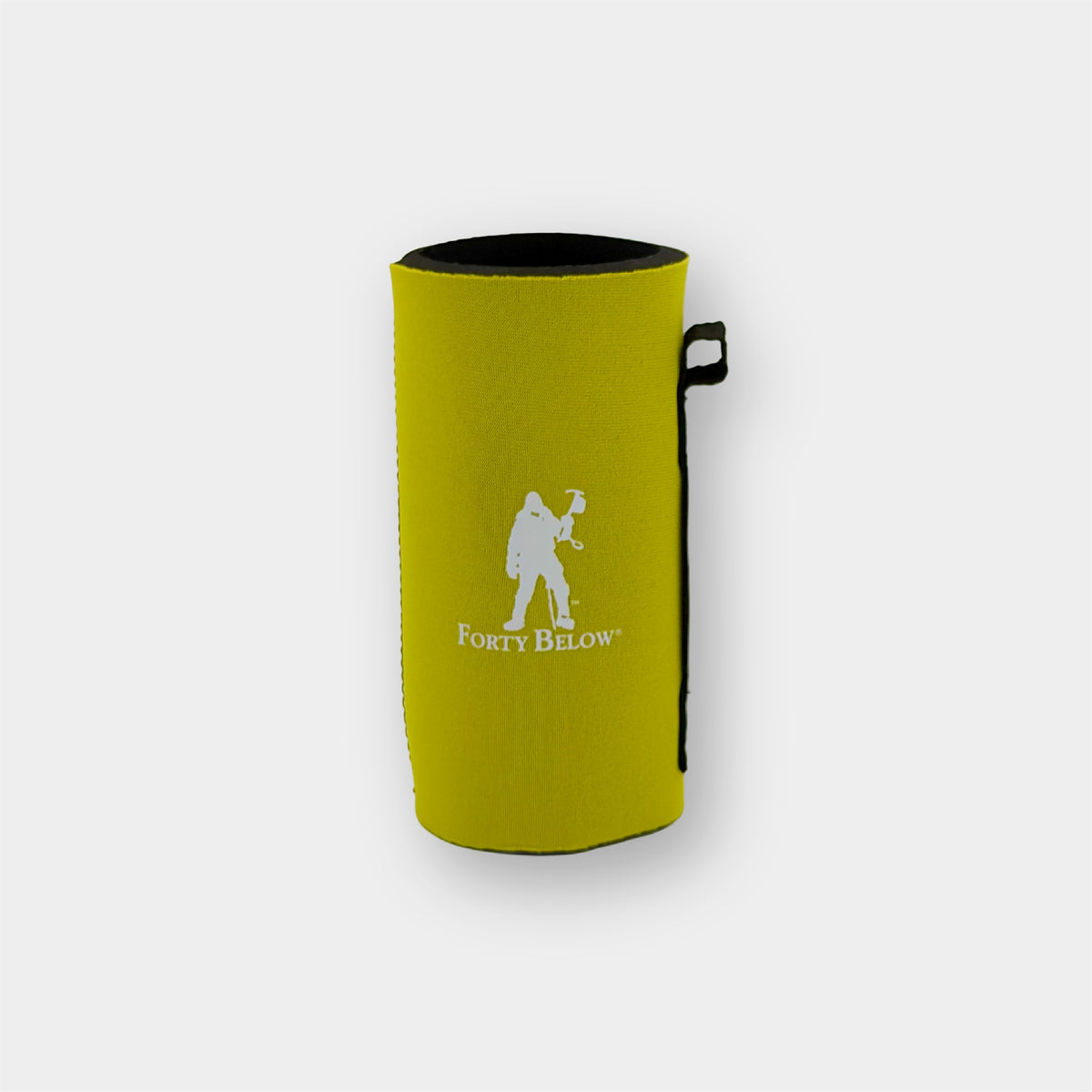 Forty Below Can Covers 12 oz tall yellow with white forty below logos on a white background