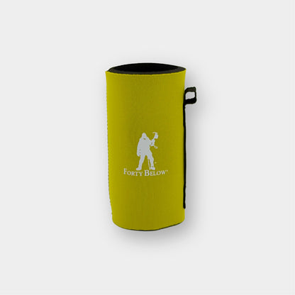 Forty Below Can Covers 12 oz tall yellow with white forty below logos on a white background