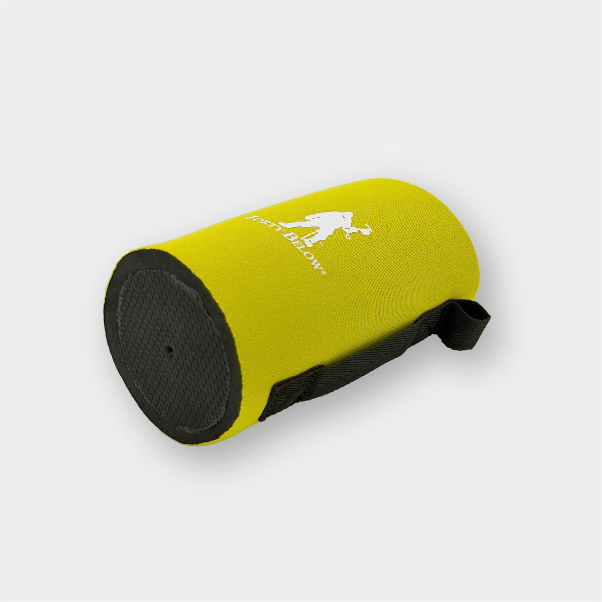 Forty Below Can Covers 16 oz yellow tipped onto side with white forty below logos on a white background showing black rubber base and black strap