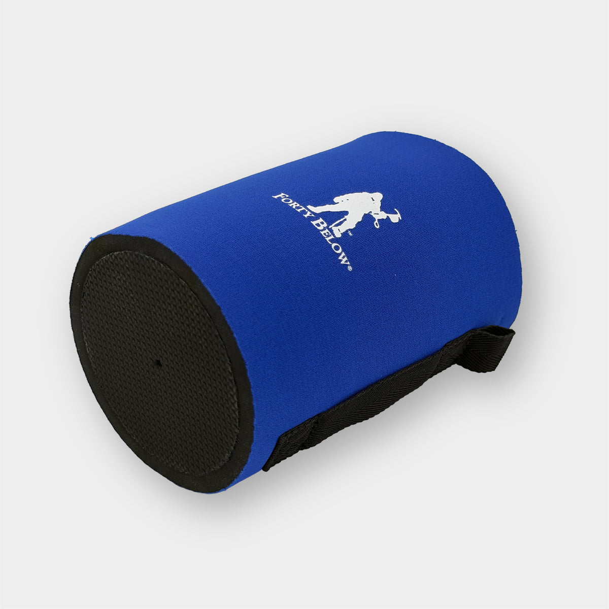 Forty Below Can Bottle Boot 32 oz Blue on its side showing black rubber base with white logo and a white background