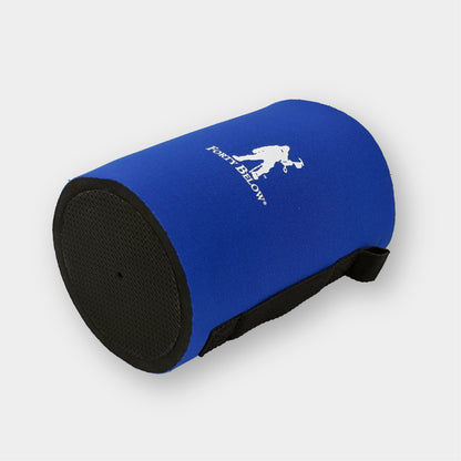 Forty Below Can Bottle Boot 32 oz Blue on its side showing black rubber base with white logo and a white background