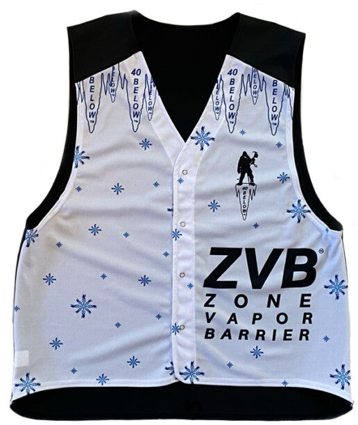 Forty Below Zone Vapor Barrier ZVB Vest front view with white material, blue and black snowflake graphics