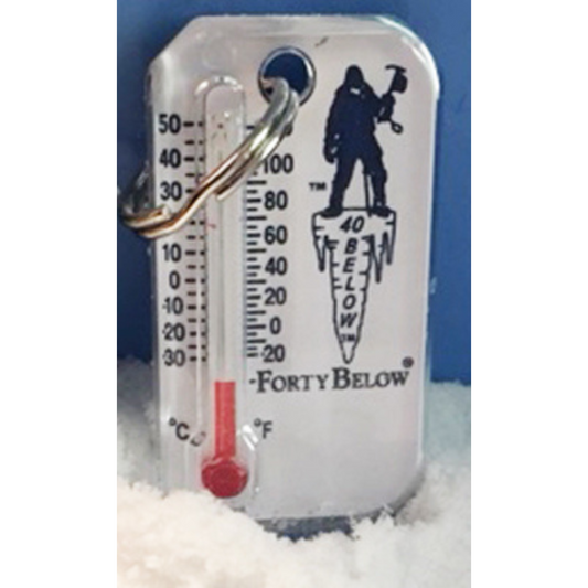 Forty Below Thermometer white with blue text and red thermometer gauge  