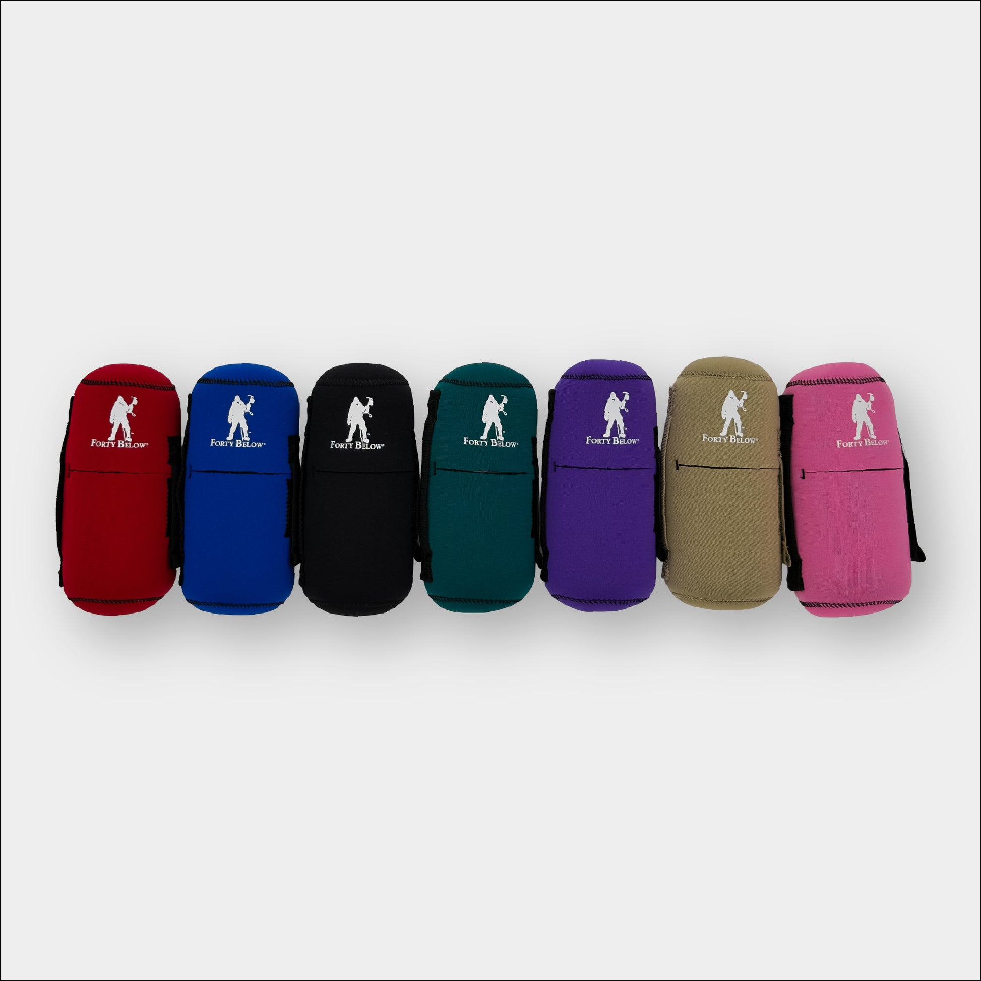 Forty Below 0.5 Liter Insulated Bottle Cover Assorted colors front view with white logo on a gray background