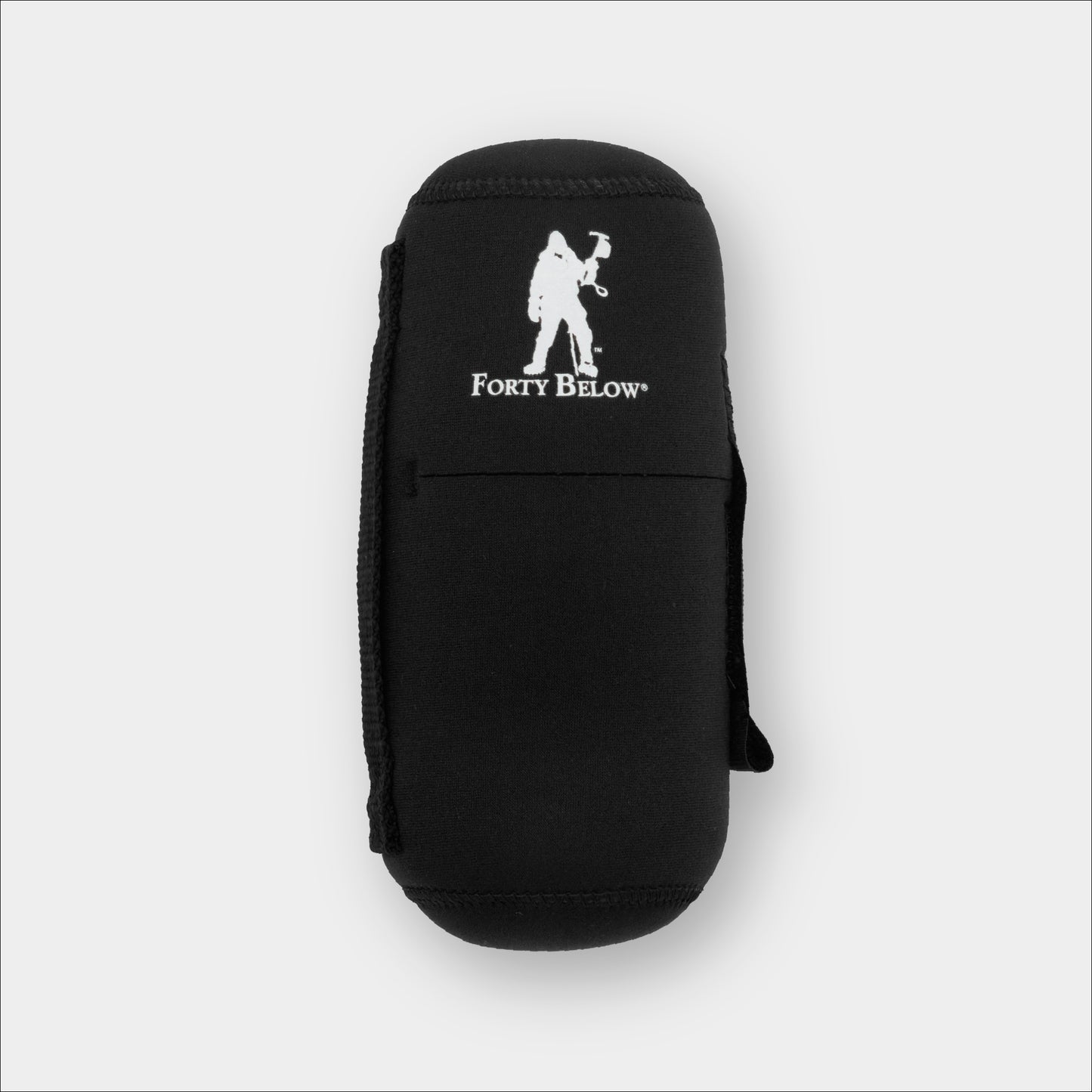 Forty Below 0.5 Liter Insulated Bottle Cover Black front view with white logo gray background
