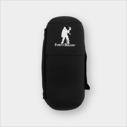Forty Below 0.5 Liter Insulated Bottle Cover Black front view with white logo gray background
