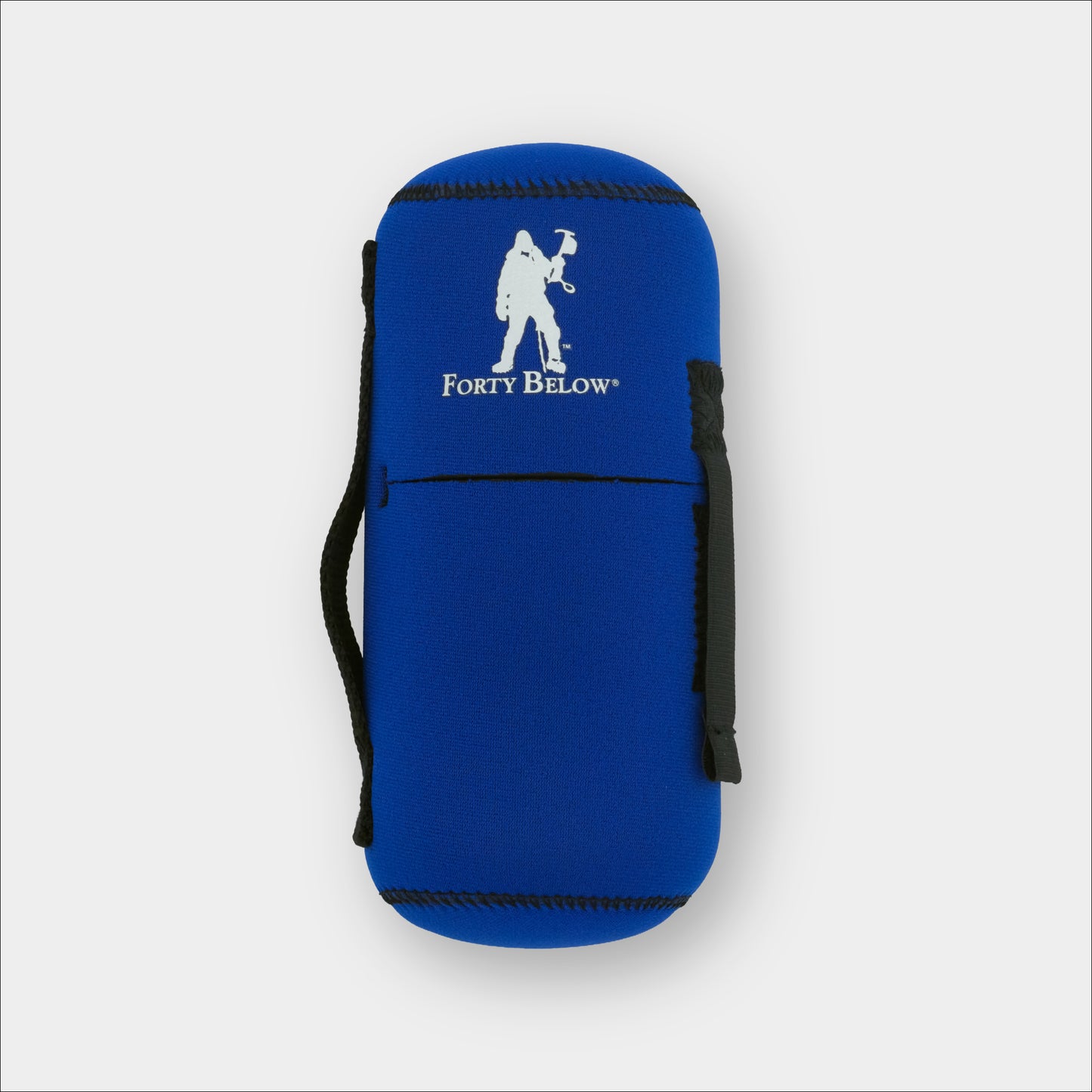 Forty Below 0.5 Liter Insulated Bottle Cover Blue front view with white logo gray background
