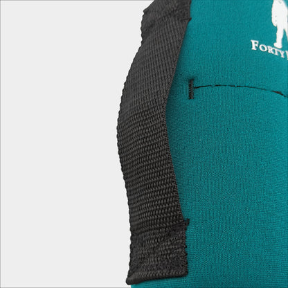 Forty Below 0.5 Liter Insulated Bottle Cover Green rear close up view with white logo showing black webbing belt loop on a gray background
