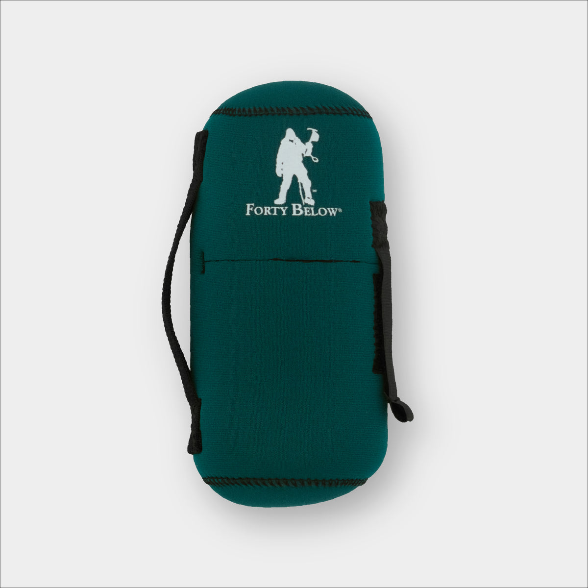Forty Below 0.5 Liter Insulated Bottle Cover Green front view with white logo gray background
