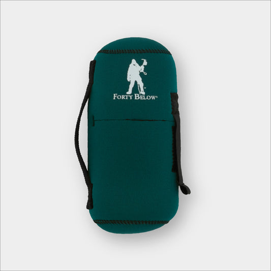 Forty Below 0.5 Liter Insulated Bottle Cover Green front view with white logo gray background
