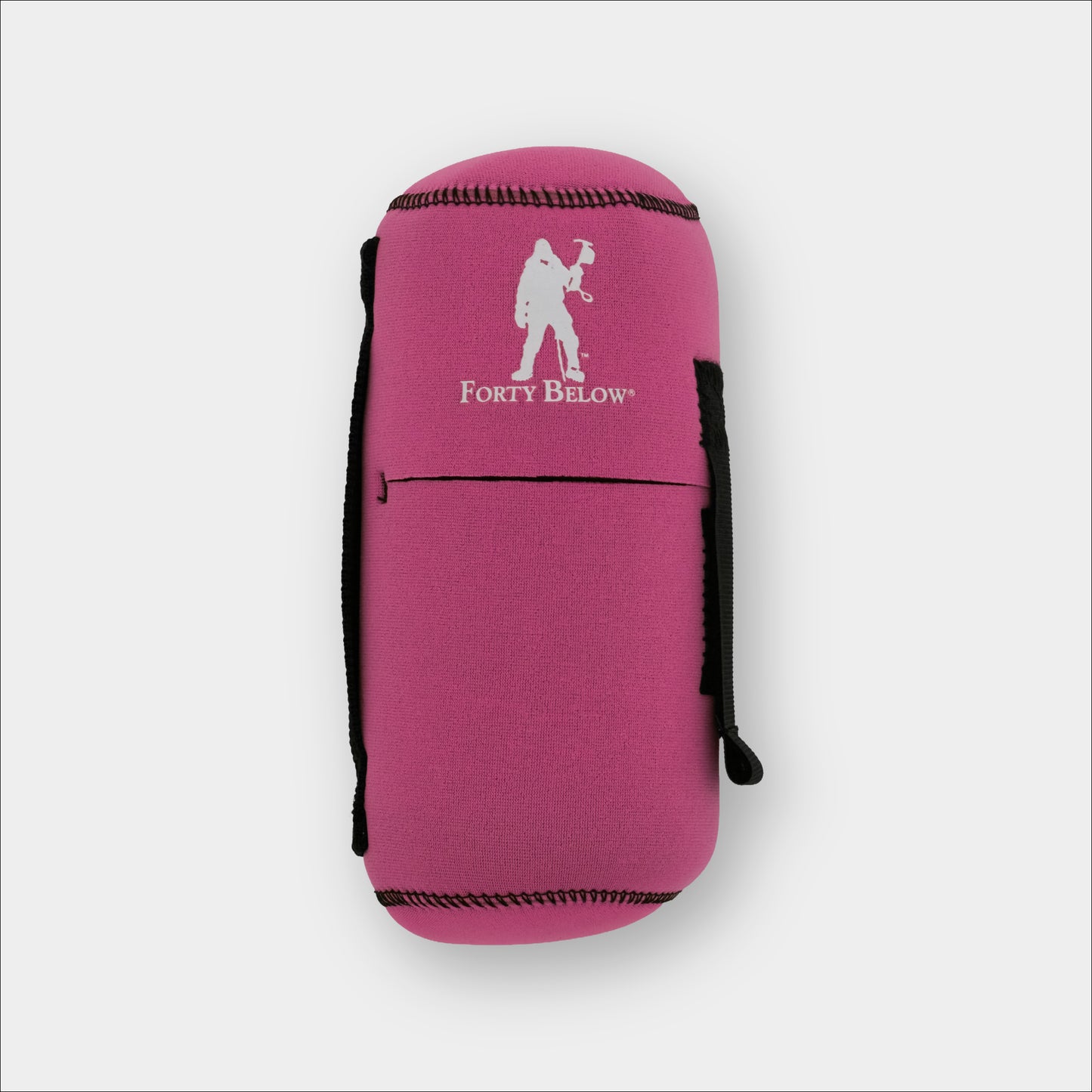 Forty Below 0.5 Liter Insulated Bottle Cover Pink front view with white logo gray background

