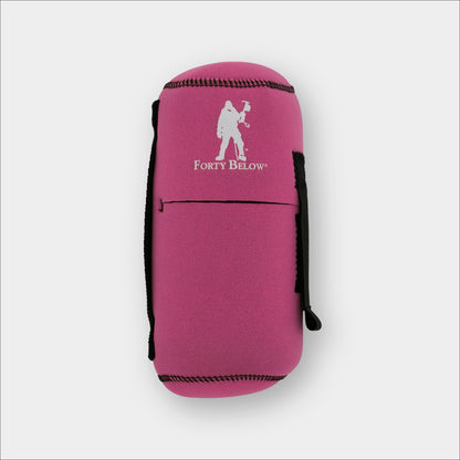 Forty Below 0.5 Liter Insulated Bottle Cover Pink front view with white logo gray background
