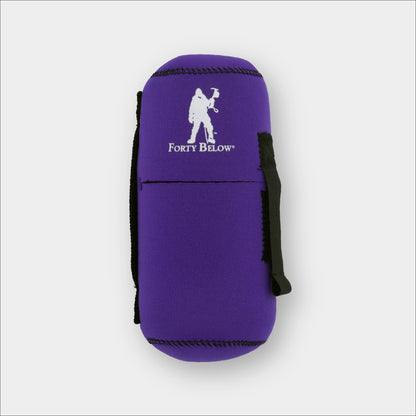 Forty Below 0.5 Liter Insulated Bottle Cover Purple front view with white logo gray background
