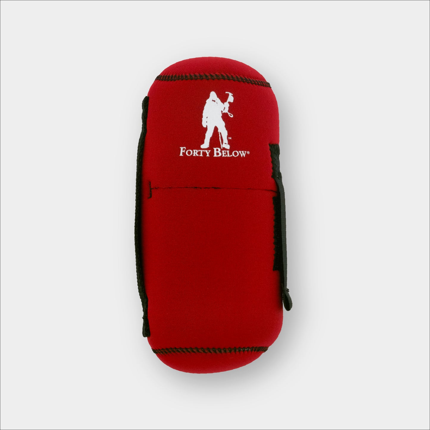 Forty Below 0.5 Liter Insulated Bottle Cover Red front view with white logo gray background
