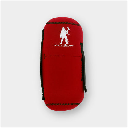 Forty Below 0.5 Liter Insulated Bottle Cover Red front view with white logo gray background
