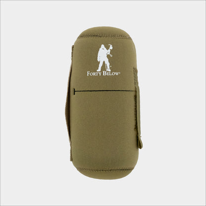 Forty Below 0.5 Liter Insulated Bottle Cover Tan front view with white logo gray background
