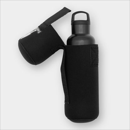 Forty Below 0.75 L Insulated Bottle Cover Black side view showing open top with a metal water bottle on the inside