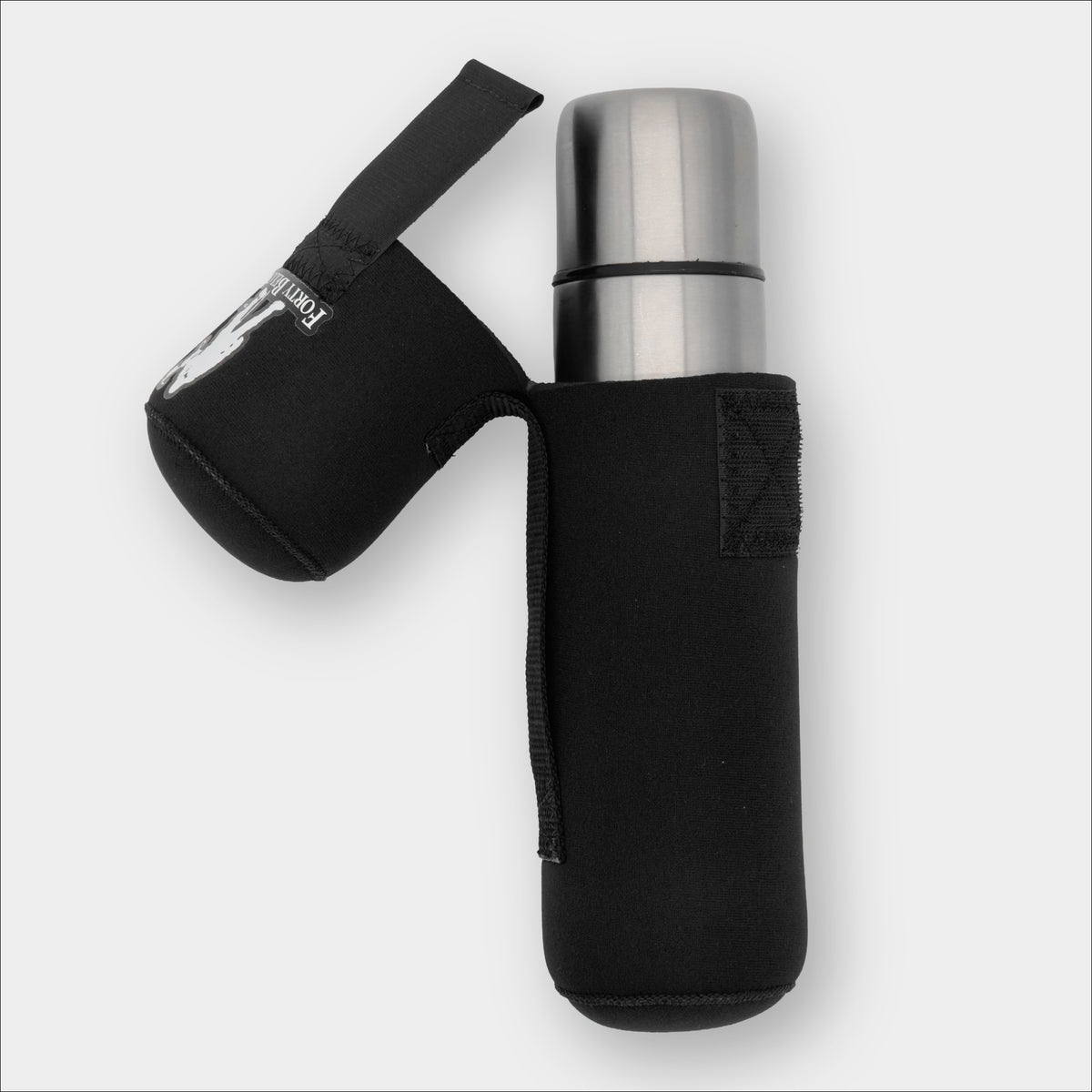 Forty Below 0.75 L Insulated Bottle Cover Black side view showing open top with a metal thermos on the inside