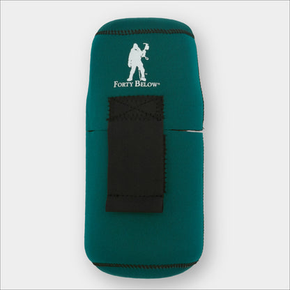 Forty Below 1.0 Liter Insulated Bottle Cover Green front view with white logo gray background