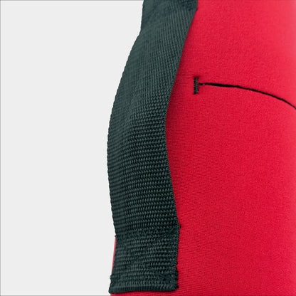 Forty Below 1.0 Liter Insulated Bottle Cover in Red close up rear view showing black webbing hip belt on a gray background