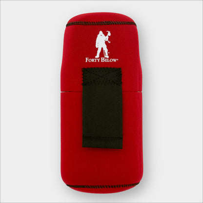 Forty Below 1.0 Liter Insulated Bottle Cover Red front view with white logo gray background