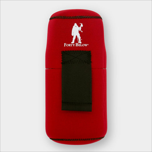 Forty Below 1.0 Liter Insulated Bottle Cover Red front view with white logo gray background