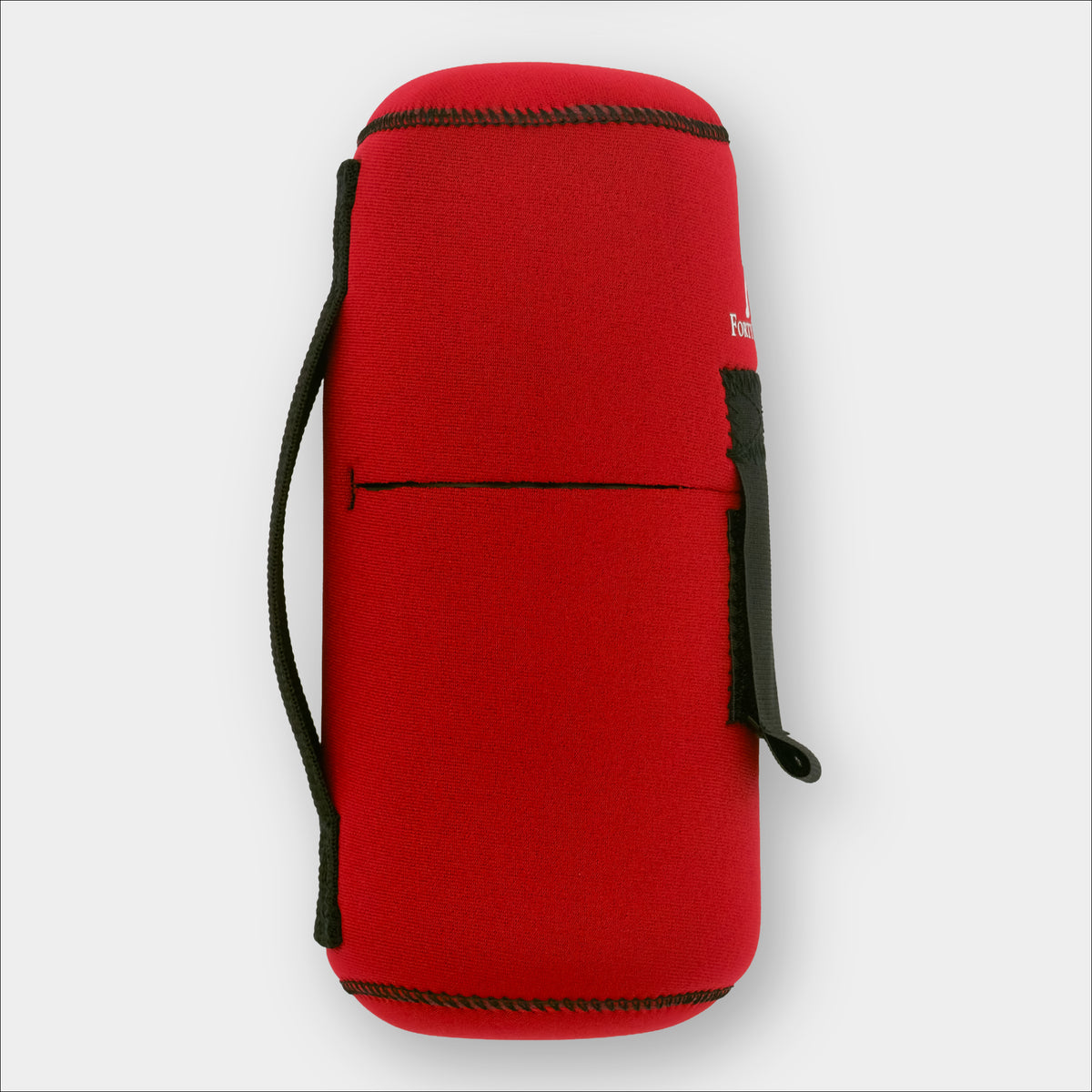 Forty Below 1.0 Liter Insulated Bottle Cover in Red showing Side 90 Degree view showing velcro closure strap and rear hip belt mount on gray background