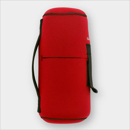 Forty Below 1.0 Liter Insulated Bottle Cover in Red showing Side 90 Degree view showing velcro closure strap and rear hip belt mount on gray background