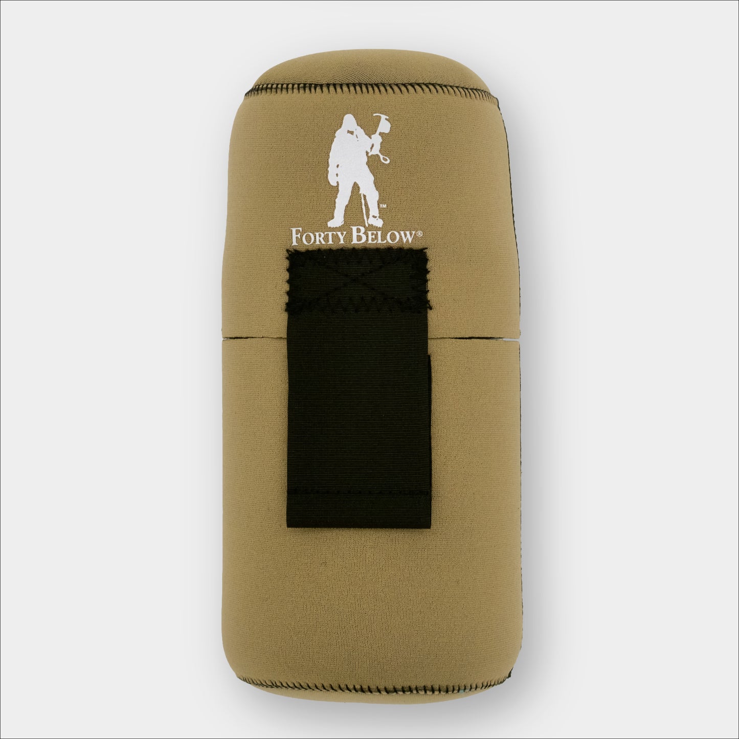 Forty Below 1.0 Liter Insulated Bottle Cover Tan with black velcro front view with white logo gray background