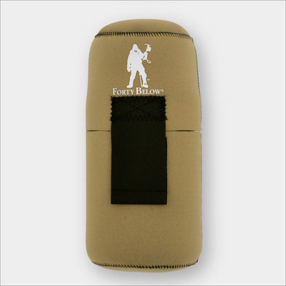 Forty Below 1.0 Liter Insulated Bottle Cover Tan with black velcro front view with white logo gray background