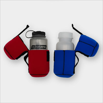 Two Forty Below 1.0 Liter Insulated Bottle Covers one blue and one red, partially open each holding Forty Below Cold Weather Water Bottle and nalgene bottle on a gray background.