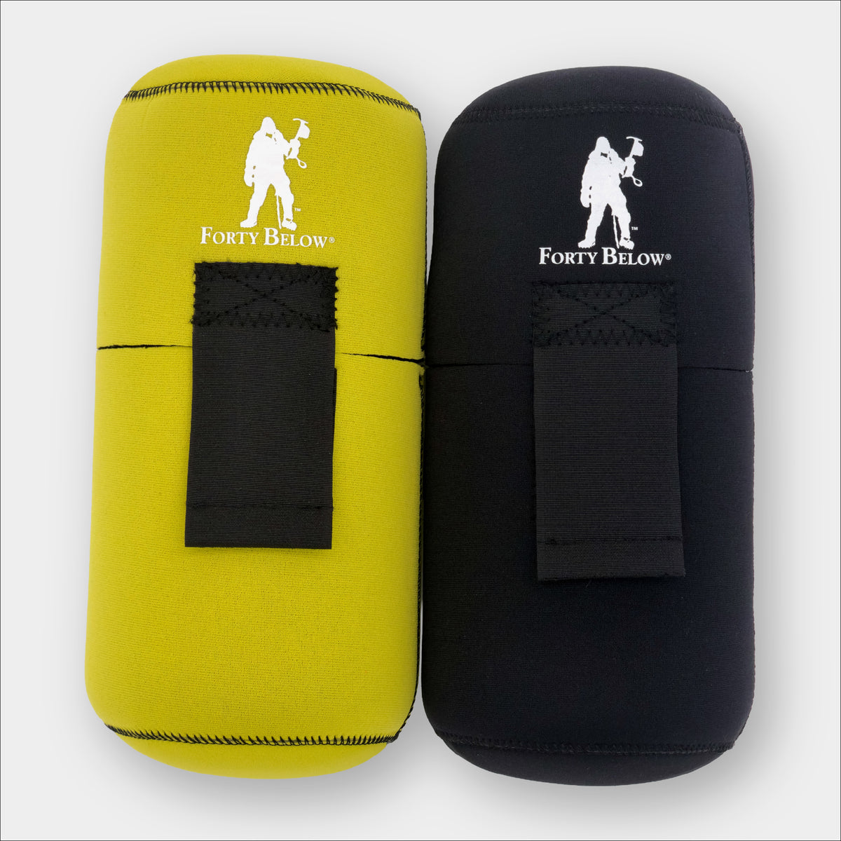 Forty Below 1.5 Liter Insulated Bottle Cover Yellow and Black next to each other front view with gray background
