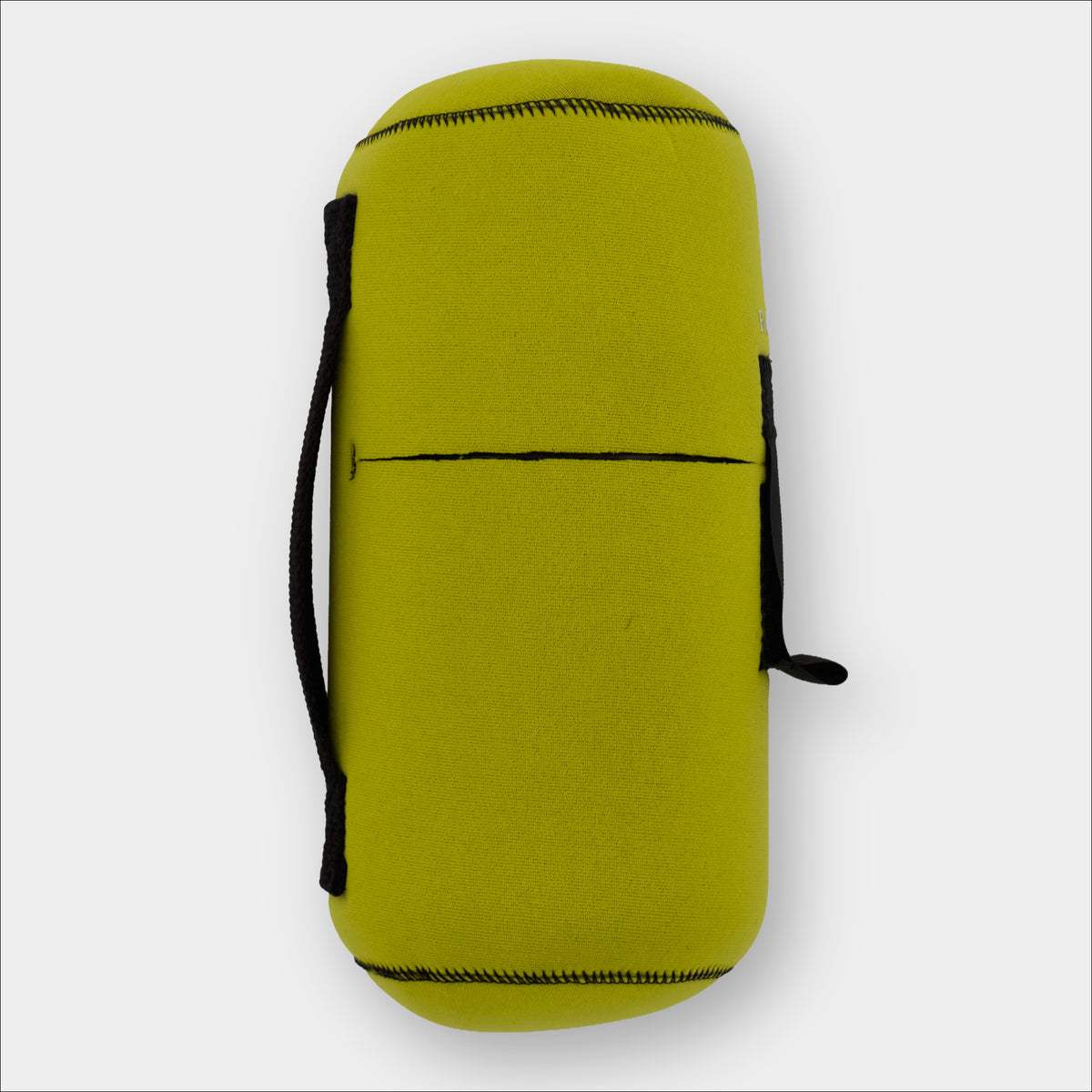 Forty Below 1.5 Liter Insulated Bottle Cover Yellow with black belt loop and velcro side view 90 degree with gray background