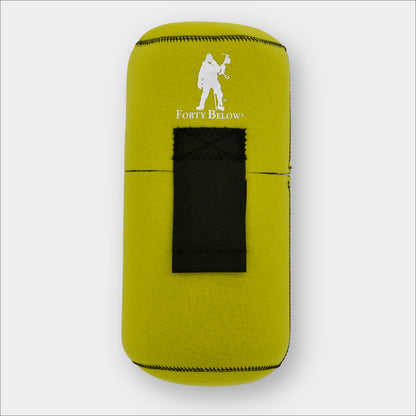 Forty Below 1.5 Liter Insulated Bottle Cover Yellow front view with white logo gray background 