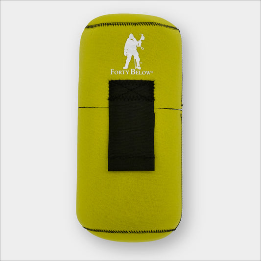 Forty Below 1.5 Liter Insulated Bottle Cover Yellow front view with white logo gray background 