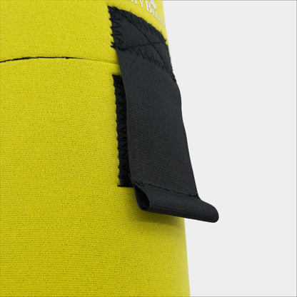 Forty Below 1.5 Liter Insulated Bottle Cover Yellow with velcro closure front  close up view showing closure on a gray background