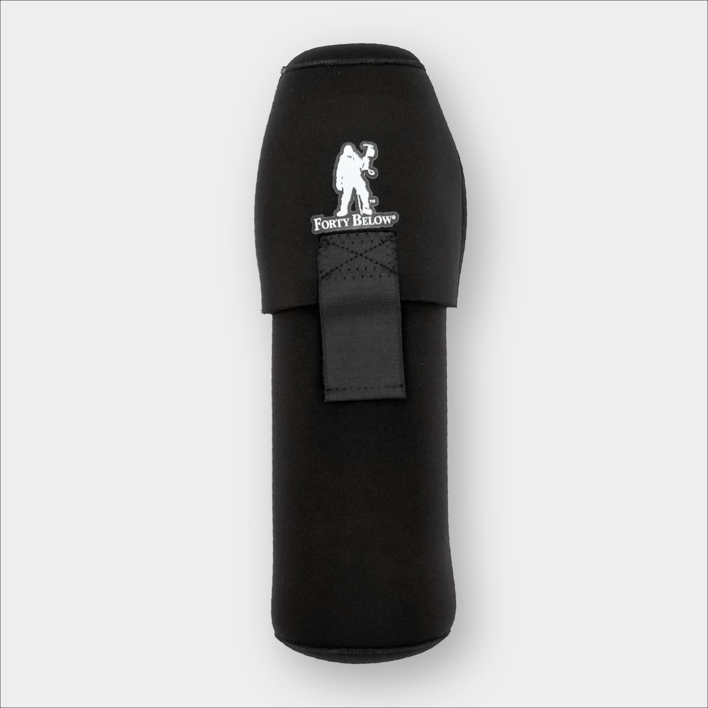 Forty Below 2qt Insulated Bottle Boot Black with a black strap and white logo on a gray background
