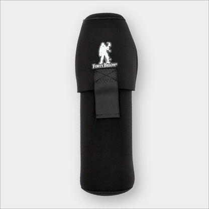 Forty Below 2qt Insulated Bottle Boot Black with a black strap and white logo on a gray background
