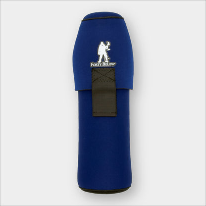 Forty Below 2qt Insulated Bottle Boot Blue with a black strap and white logo on a gray background
