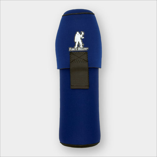 Forty Below 2qt Insulated Bottle Boot Blue with a black strap and white logo on a gray background
