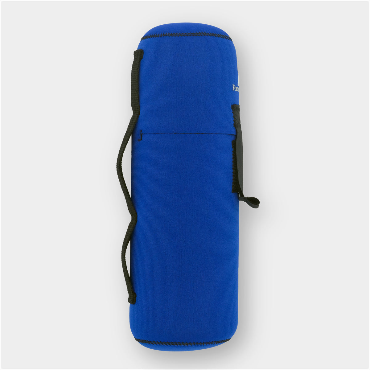 Forty Below Insulated Bottle Boot 48 oz blue side view with black belt loop and strong velcro strap on a gray background
