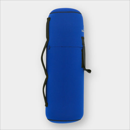 Forty Below Insulated Bottle Boot 48 oz blue side view with black belt loop and strong velcro strap on a gray background

