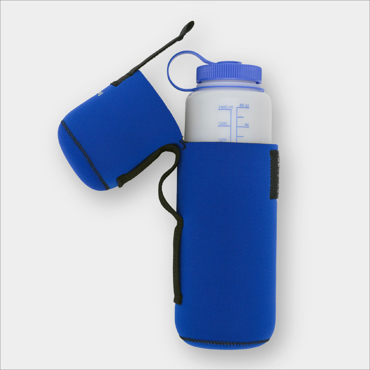 Forty Below Insulated Bottle Boot 48 oz blue side view partially open with 48 oz Nalgene bottle inside on a gray background